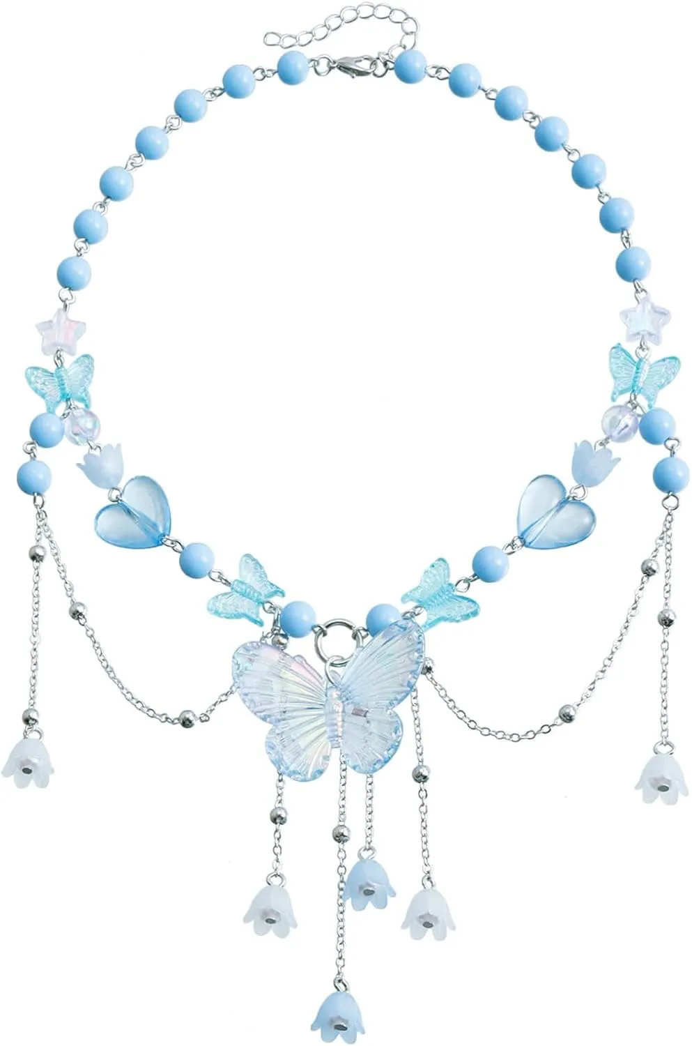 Layered Butterfly Choker Necklace for Women Purple Pink Blue Beaded Butterfly Necklace Fairy Heart Star Flower Charm Necklace Floral Tassel Renaissance Necklace Y2K Elf Rave Jewelry