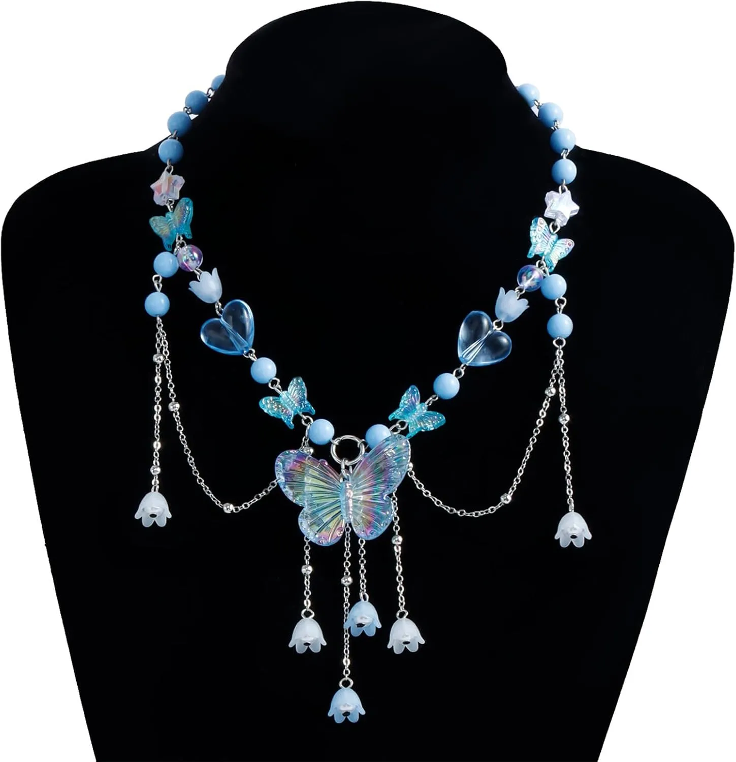 Layered Butterfly Choker Necklace for Women Purple Pink Blue Beaded Butterfly Necklace Fairy Heart Star Flower Charm Necklace Floral Tassel Renaissance Necklace Y2K Elf Rave Jewelry