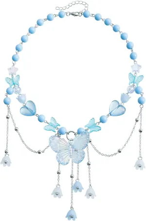 Layered Butterfly Choker Necklace for Women Purple Pink Blue Beaded Butterfly Necklace Fairy Heart Star Flower Charm Necklace Floral Tassel Renaissance Necklace Y2K Elf Rave Jewelry