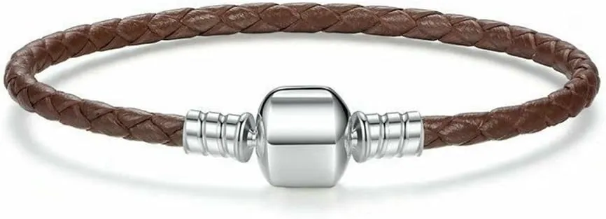 Leather Woven Bracelet with 925 Sterling Silver Snap Clasp Charms