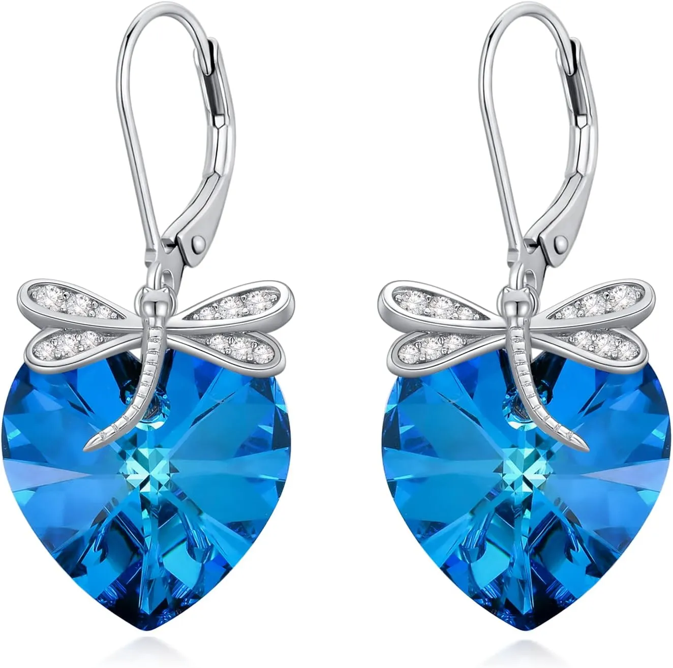 Leverback Earrings 925 Sterling Silver Heart Dangle Drop Earrings, Crystals from Austria, Birthday Jewelry Gifts for Women