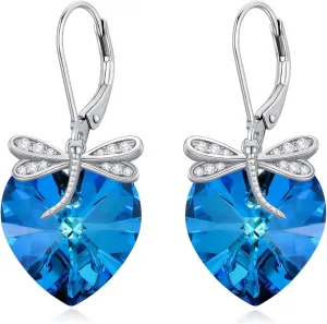 Leverback Earrings 925 Sterling Silver Heart Dangle Drop Earrings, Crystals from Austria, Birthday Jewelry Gifts for Women