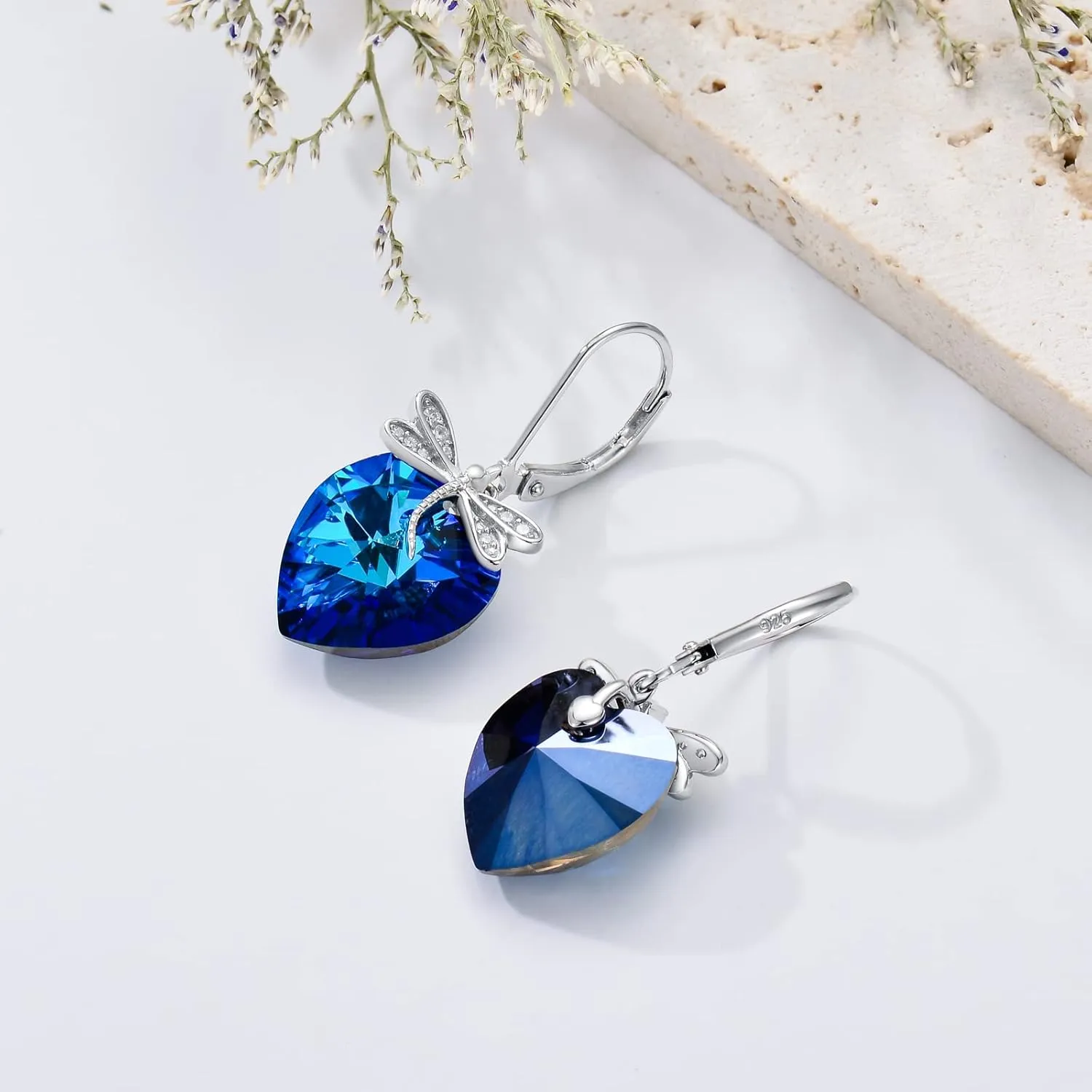 Leverback Earrings 925 Sterling Silver Heart Dangle Drop Earrings, Crystals from Austria, Birthday Jewelry Gifts for Women
