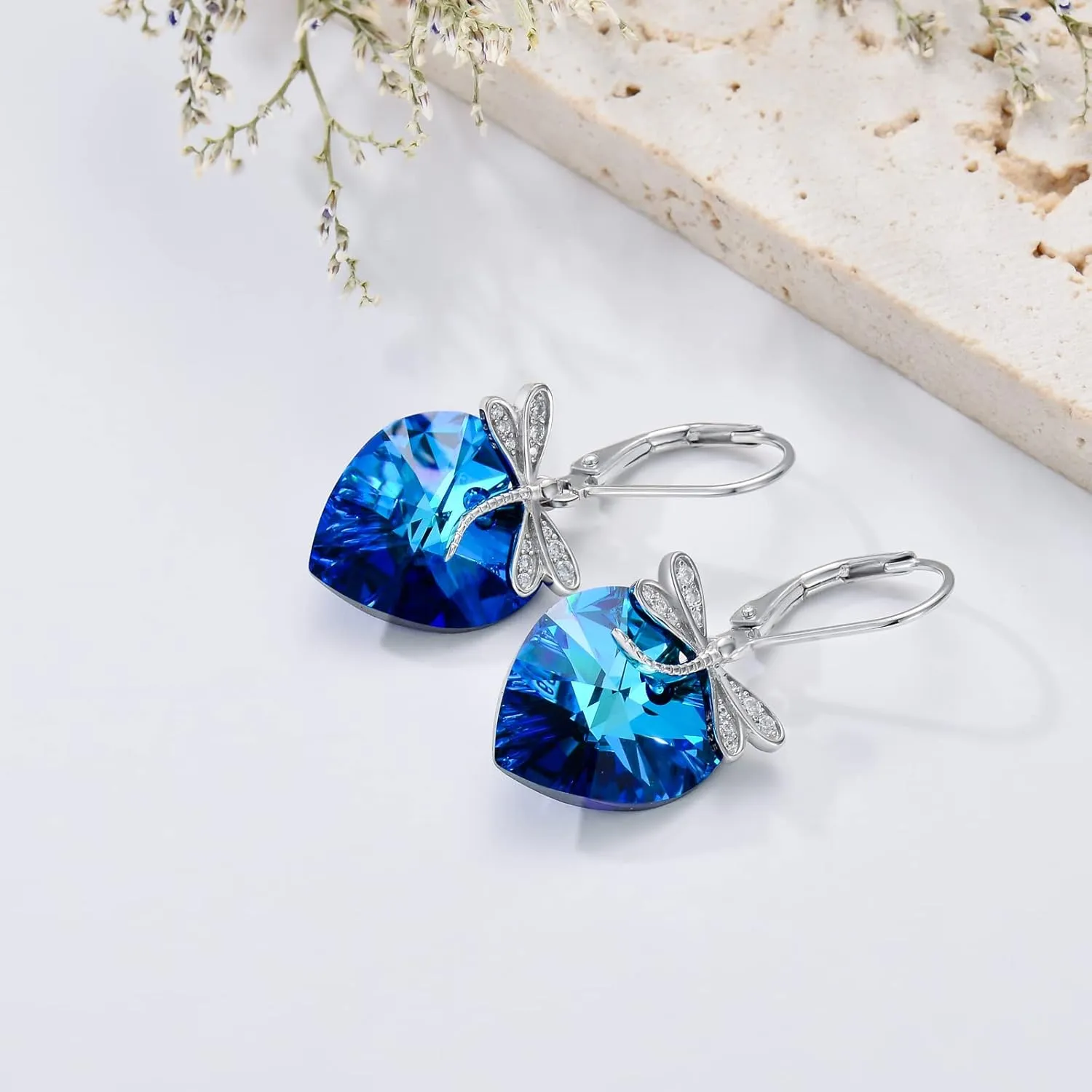 Leverback Earrings 925 Sterling Silver Heart Dangle Drop Earrings, Crystals from Austria, Birthday Jewelry Gifts for Women