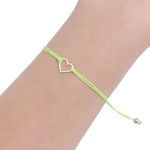 Lime Green, Womens Friendship Bracelet, Small Handmade Sterling Silver 925 Open Heart Shaped Charm, Pull Adjustable Kindred Cord Thread. Perfect Small Gift