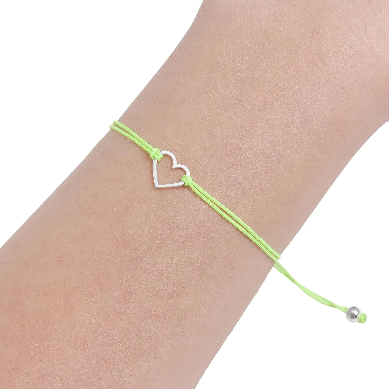 Lime Green, Womens Friendship Bracelet, Small Handmade Sterling Silver 925 Open Heart Shaped Charm, Pull Adjustable Kindred Cord Thread. Perfect Small Gift