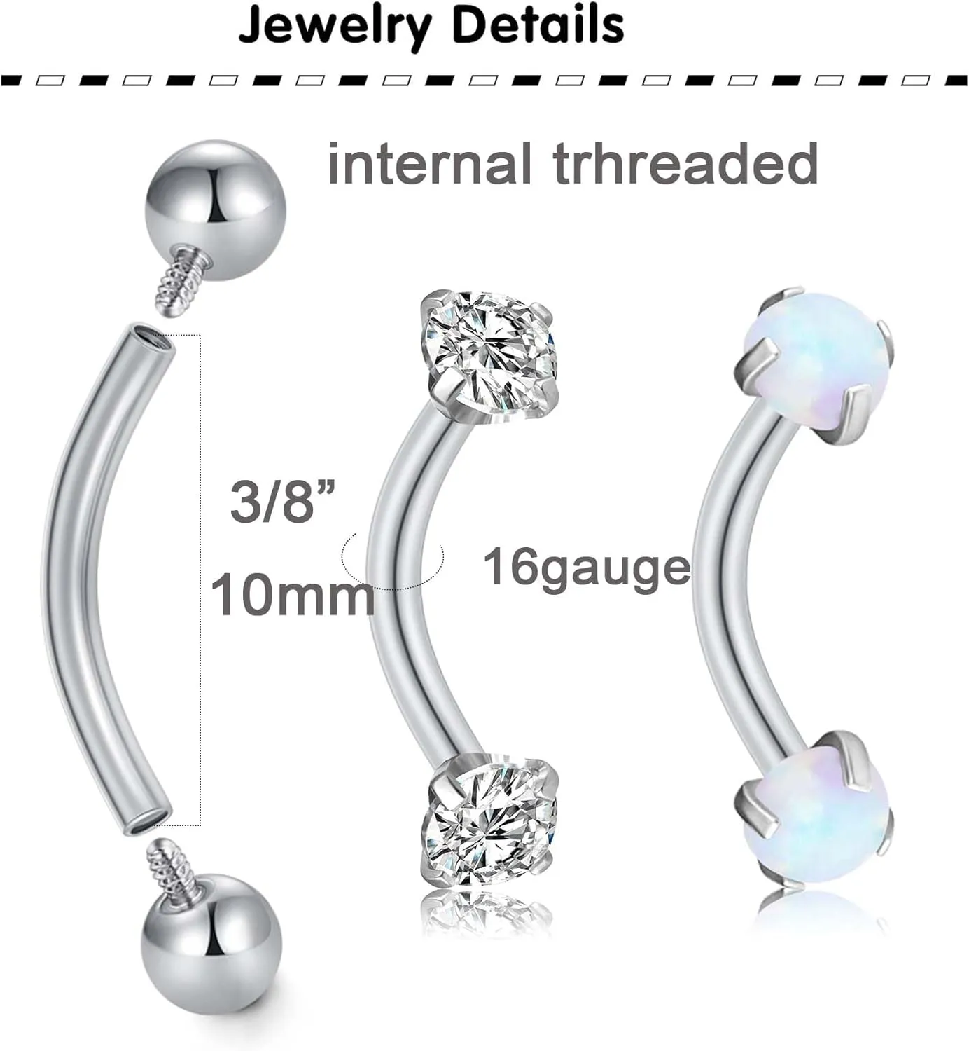 Longita Rook Piercing Jewelry Rook Jewelry Rook Earrings Surgical Steel Silver Gold Eyebrow Piercing Jewelry Internally Threaded Eyebrow Rings 16g Vertical Labret Lip Jewelry 8mm 10mm