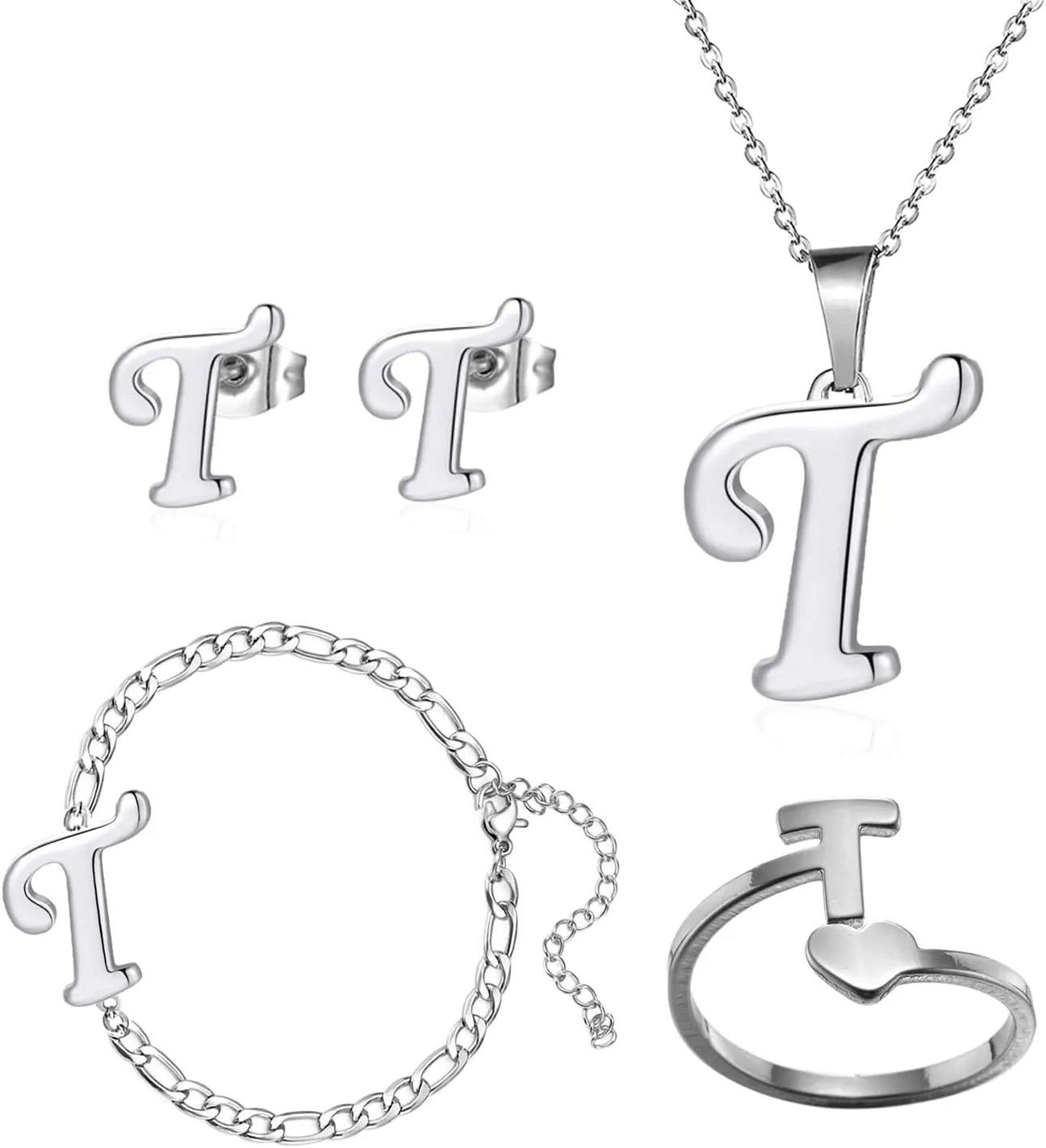 Loqimu 4 Pack Stainless Steel Initial Jewelry Sets for Women Silver Rings Bracelet Earrings Pendant Necklace Uppercase Choker Chain Ear Studs Jewelry Gift
