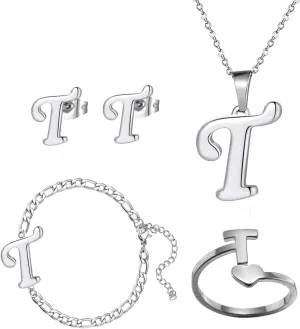 Loqimu 4 Pack Stainless Steel Initial Jewelry Sets for Women Silver Rings Bracelet Earrings Pendant Necklace Uppercase Choker Chain Ear Studs Jewelry Gift