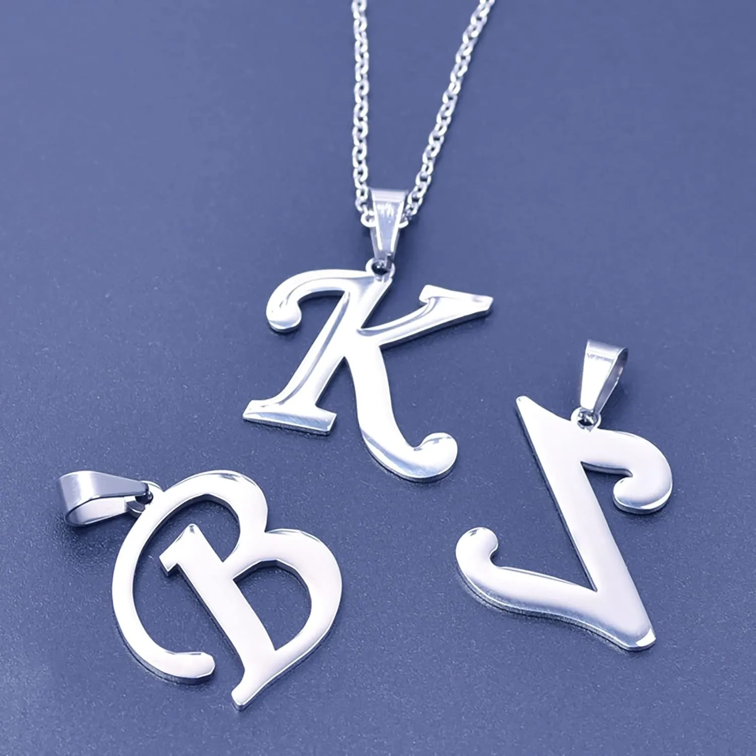 Loqimu 4 Pack Stainless Steel Initial Jewelry Sets for Women Silver Rings Bracelet Earrings Pendant Necklace Uppercase Choker Chain Ear Studs Jewelry Gift