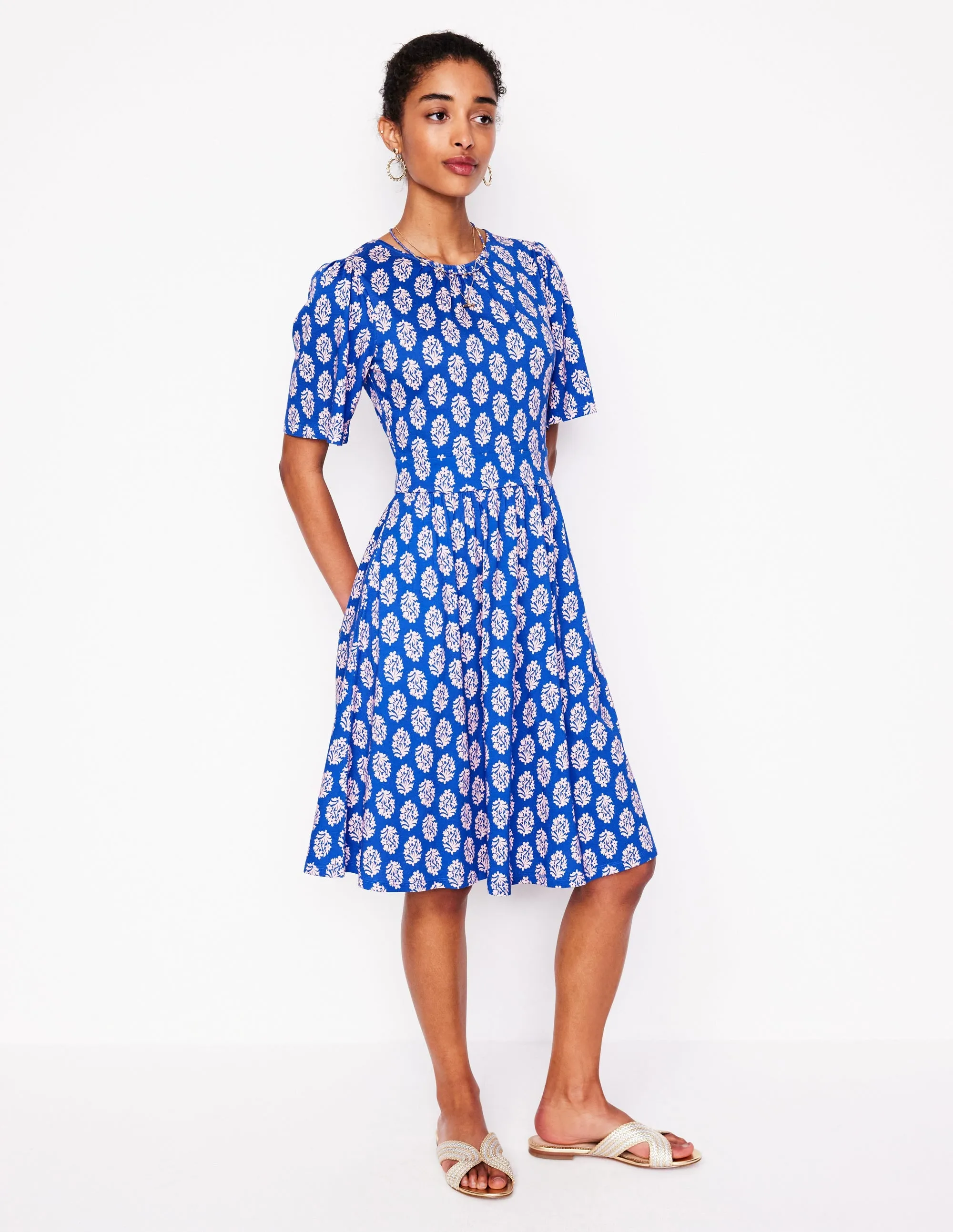 Louisa Short Jersey Dress-Gallery Blue, Posy Stamp