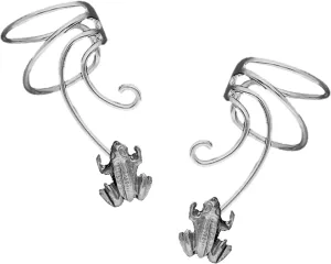 Lucky Frog Non-pierced Wave Ear Cuff Earring Wraps Pair Rhodium Sterling Silver