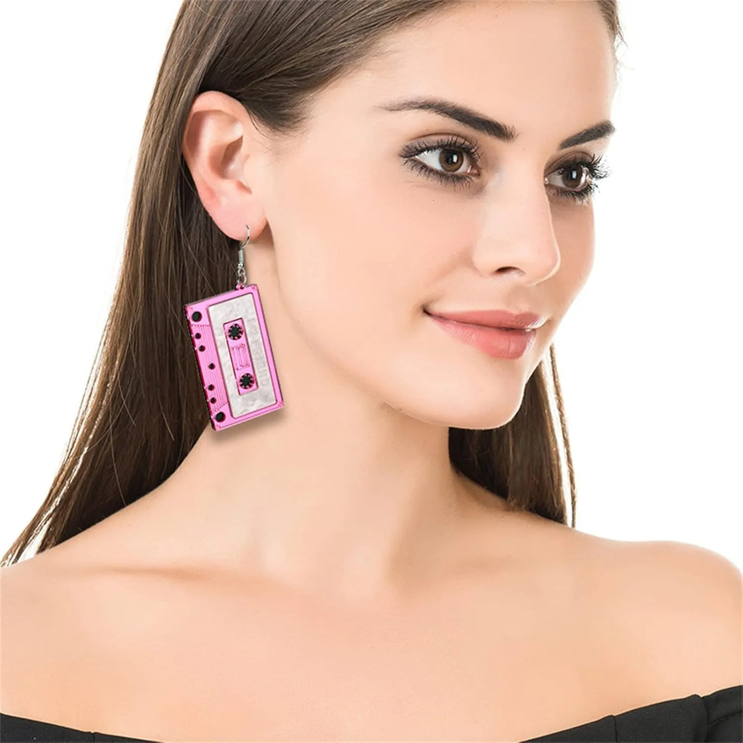 MALOYANVE Cassette Tape Earrings for Women Retro Funny Acrylic 80s 90s Geometric Stereo Music Player Tool Tape Dangle Drop Earrings Accessories Jewelry Music Lover Gift