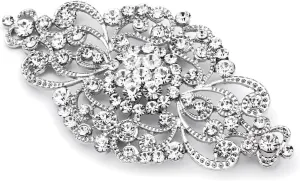 Mariell Vintage Bridal Crystal Brooch Pin, 4" Wide, Antique Silver Wedding Pin, Rhinestone Brooch for Brides and Wedding, Art Deco Fashion Accessory