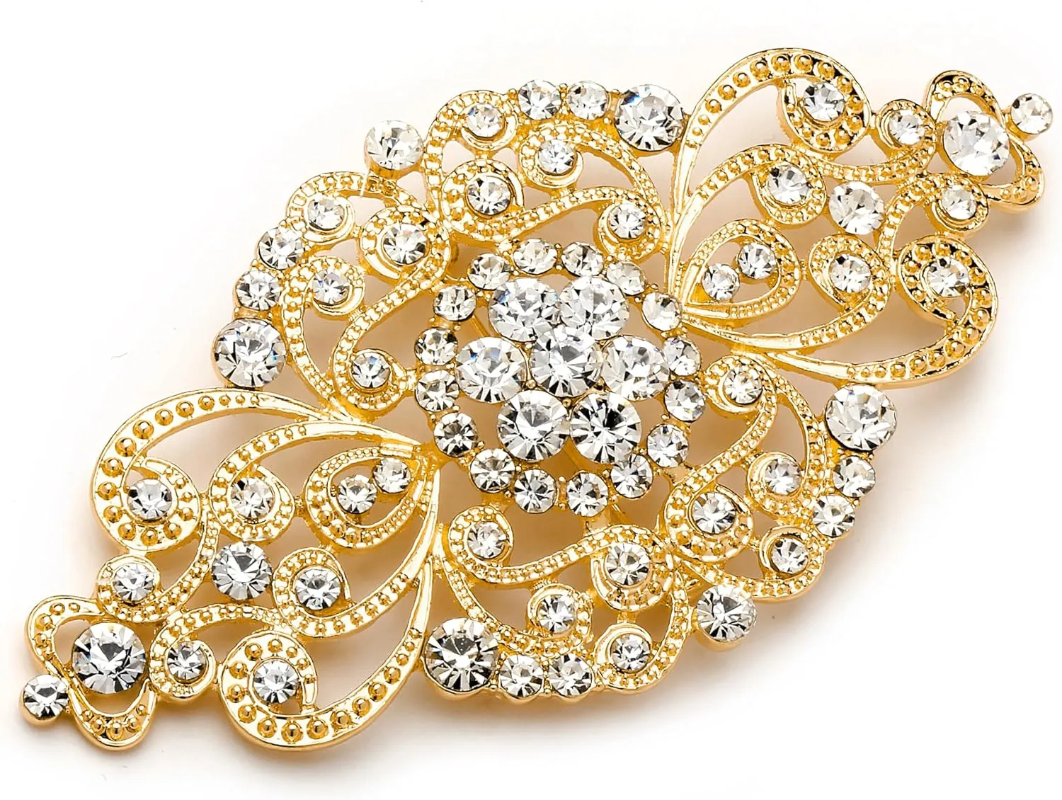 Mariell Vintage Bridal Crystal Brooch Pin, 4" Wide, Gold Wedding Pin, Rhinestone Brooch for Brides and Wedding, Art Deco Fashion Accessory