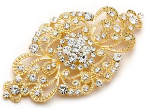 Mariell Vintage Bridal Crystal Brooch Pin, 4" Wide, Gold Wedding Pin, Rhinestone Brooch for Brides and Wedding, Art Deco Fashion Accessory