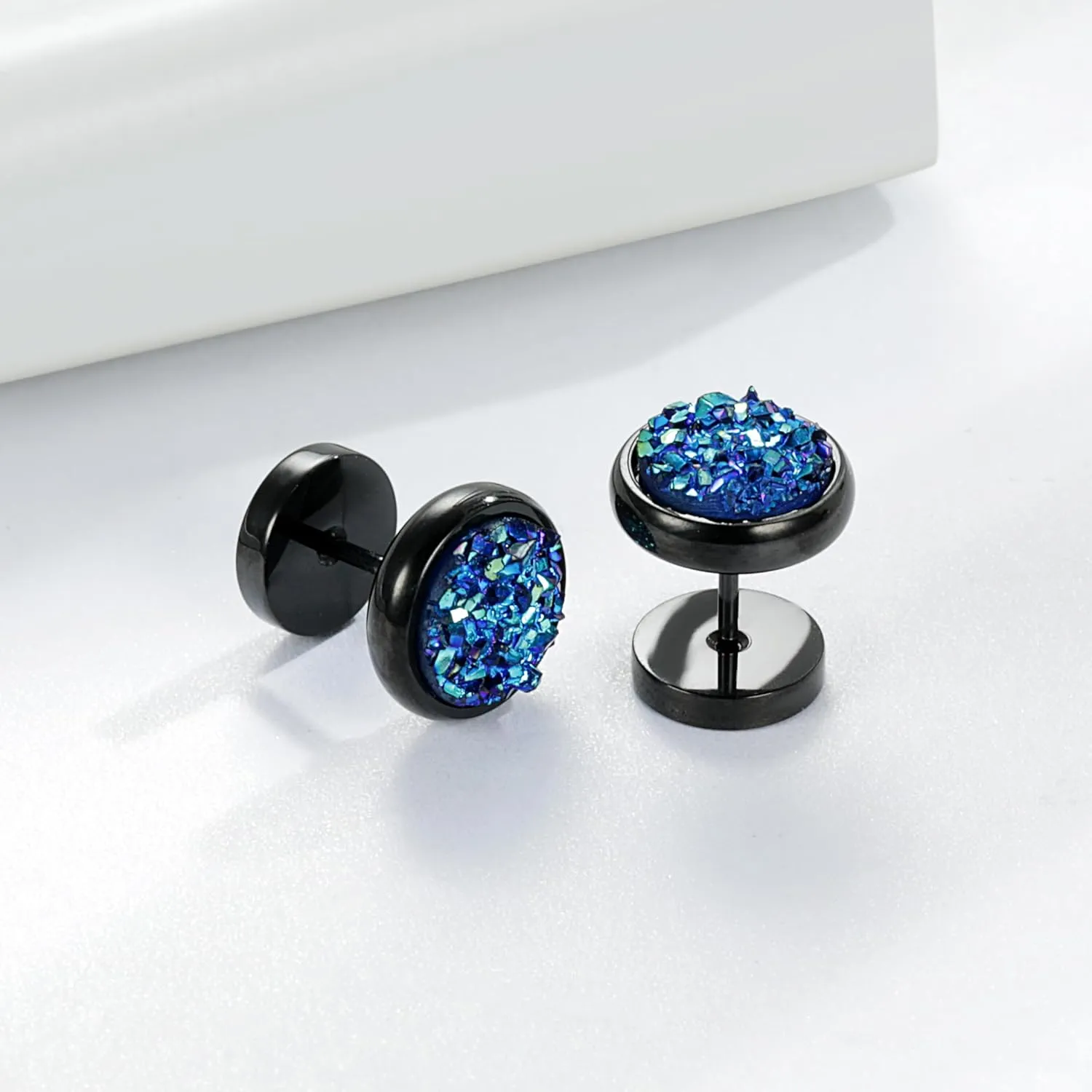 MDFUN Fake Gauge Plugs Screw Earrings for Men Women Surgical Stainless Steel 18K Black Gold Plated Glitter Stone 10mm Round Dumbell Flatback Studs Ear Tunnel Piercings