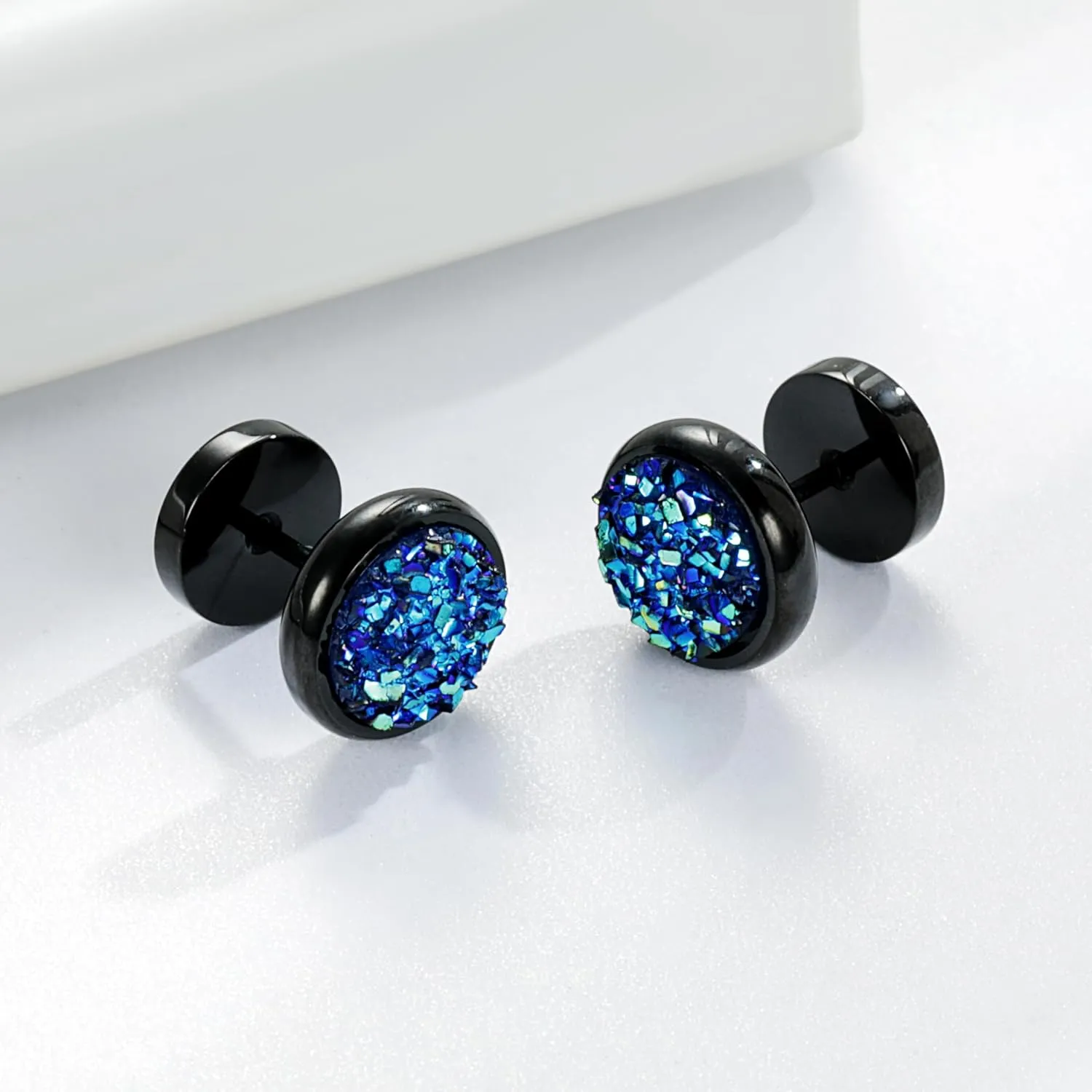 MDFUN Fake Gauge Plugs Screw Earrings for Men Women Surgical Stainless Steel 18K Black Gold Plated Glitter Stone 10mm Round Dumbell Flatback Studs Ear Tunnel Piercings