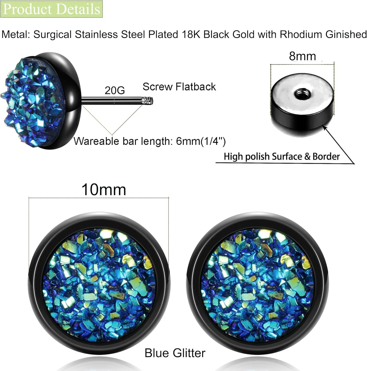 MDFUN Fake Gauge Plugs Screw Earrings for Men Women Surgical Stainless Steel 18K Black Gold Plated Glitter Stone 10mm Round Dumbell Flatback Studs Ear Tunnel Piercings