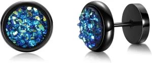 MDFUN Fake Gauge Plugs Screw Earrings for Men Women Surgical Stainless Steel 18K Black Gold Plated Glitter Stone 10mm Round Dumbell Flatback Studs Ear Tunnel Piercings