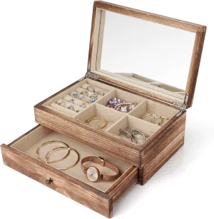 Meangood Jewelry Box Organizer for Women, 2 Layer Large Jewelry Storage Case, Rustic Wooden Jewelry Box with Mirror & Ring Tray for Necklace Earring Bracelets Rings, Vintage Style (Torched Wood)