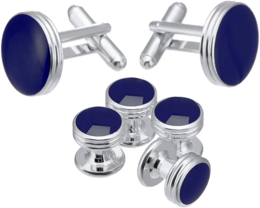 Men's Cufflinks and Studs Set for Formal French Shirt Formal Navy with Shiny Blue