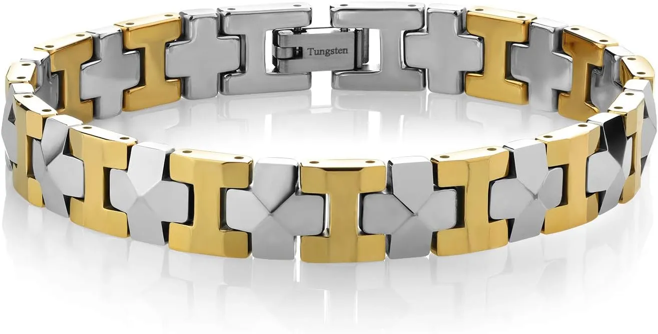 Men's NEW Shiny Silver Tungsten Carbide Pyramid Bracelet with Gold Links