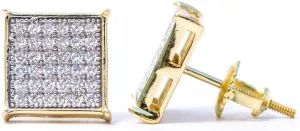 Mens Two Tone Yellow Gold Plated 925 Sterling Silver Hypoallergenic Square Flat Screen 10mm 5A CZ Stone Iced Hip Hop Micro Pave Ice Out Stud Screw Back Post Earrings For Men