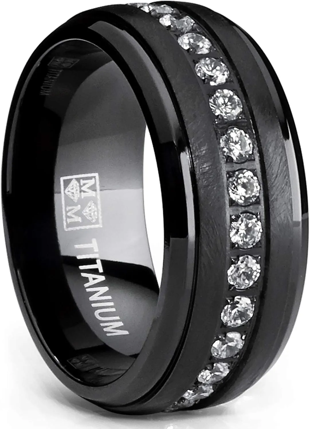Metal Masters Black Titanium Men's Eternity Wedding Band Ring with Clear Round Cubic Zirconia 9mm