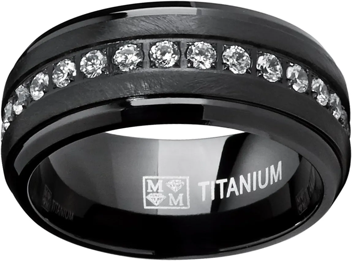 Metal Masters Black Titanium Men's Eternity Wedding Band Ring with Clear Round Cubic Zirconia 9mm
