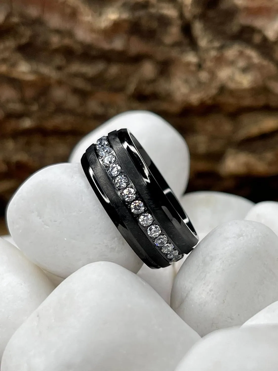 Metal Masters Black Titanium Men's Eternity Wedding Band Ring with Clear Round Cubic Zirconia 9mm