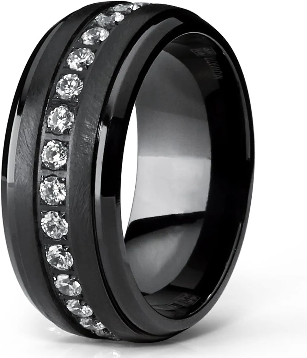 Metal Masters Black Titanium Men's Eternity Wedding Band Ring with Clear Round Cubic Zirconia 9mm