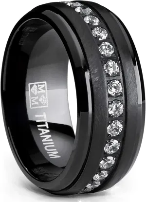 Metal Masters Black Titanium Men's Eternity Wedding Band Ring with Clear Round Cubic Zirconia 9mm