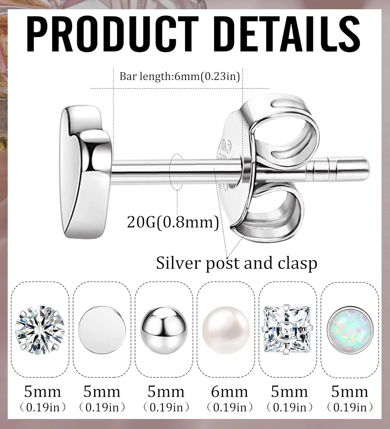 MJust 1 Pair Titanium Stud Earrings for Women & Men, G23 Hypoallergenic Pure Titanium Earrings for Sensitive Ears, 20G Push Back CZ & Opal Earrings Set with Balls, Dot, Hearts