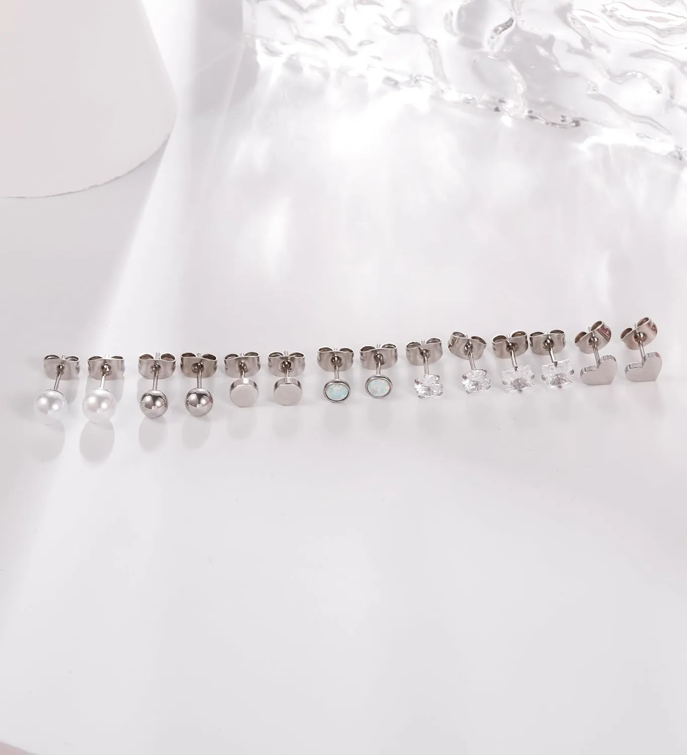 MJust 1 Pair Titanium Stud Earrings for Women & Men, G23 Hypoallergenic Pure Titanium Earrings for Sensitive Ears, 20G Push Back CZ & Opal Earrings Set with Balls, Dot, Hearts