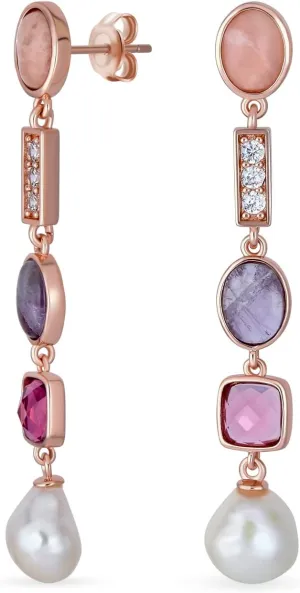 Modern Bridal Tri Tone Mixed Natural Pastel Soft Pink Green Gemstones Geometric Linear Thin Long Off White Freshwater Cultured Baroque Pearl Dangle Earrings For Women Teens Yellow Gold Plated
