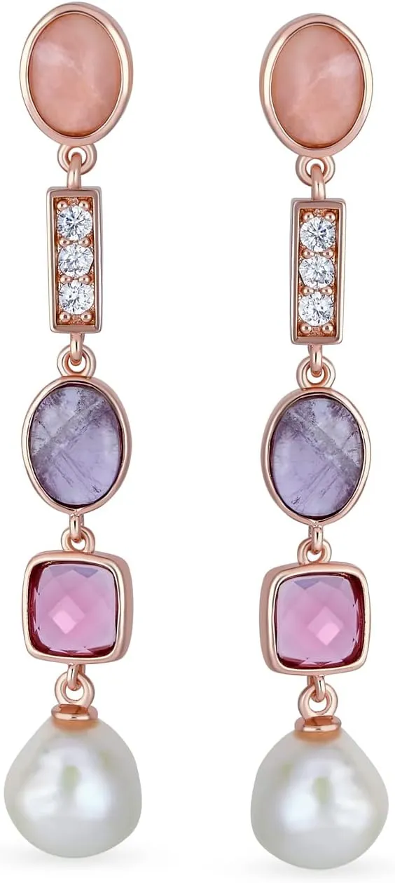 Modern Bridal Tri Tone Mixed Natural Pastel Soft Pink Green Gemstones Geometric Linear Thin Long Off White Freshwater Cultured Baroque Pearl Dangle Earrings For Women Teens Yellow Gold Plated