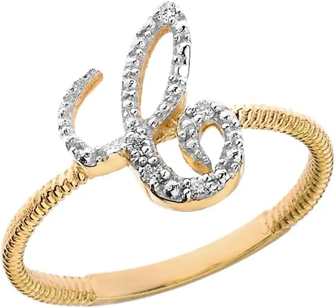 Modern Contemporary Rings Women's 10k Yellow Gold Diamond Script Initial Letter A-Z Stackable Rope Design Ring