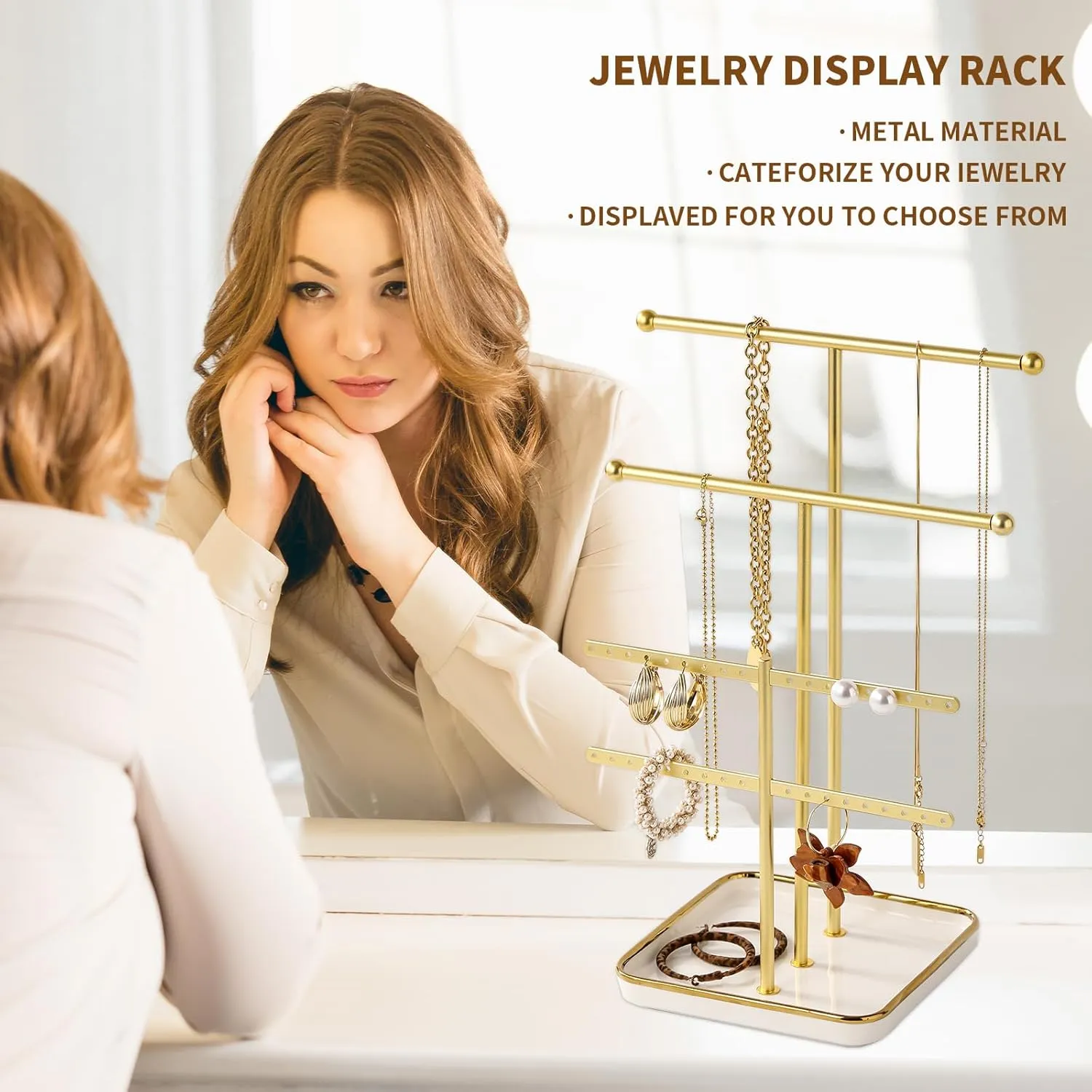 Modern Gold T-shaped jewelry organize,multi-layer tower display rack for necklaces,bracelets, earrings,Anti-tarnish gold finish,women's gifts