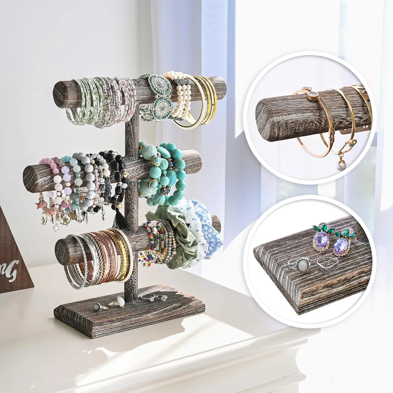 MOOCA Free Assembly 3-Tier Wooden Jewelry Display Stand, Bracelets, Necklaces, Watches, Bangles Holder Stand, Accessory Display Storage Organizer, Coffee Color