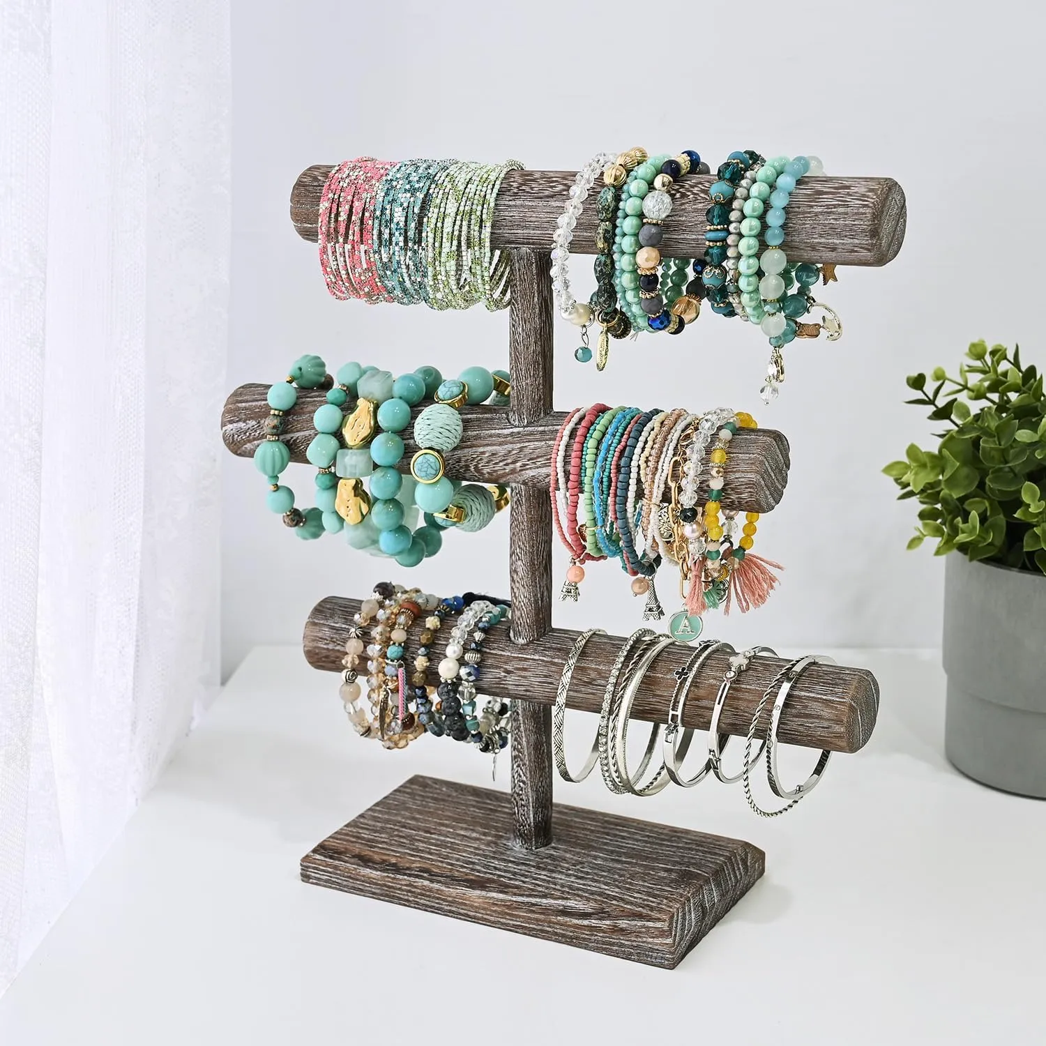 MOOCA Free Assembly 3-Tier Wooden Jewelry Display Stand, Bracelets, Necklaces, Watches, Bangles Holder Stand, Accessory Display Storage Organizer, Coffee Color