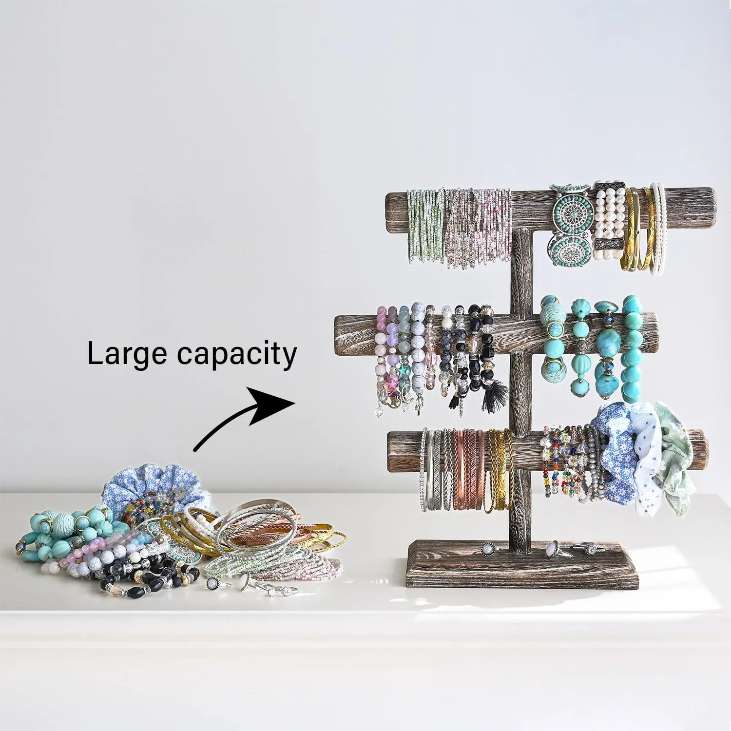 MOOCA Free Assembly 3-Tier Wooden Jewelry Display Stand, Bracelets, Necklaces, Watches, Bangles Holder Stand, Accessory Display Storage Organizer, Coffee Color