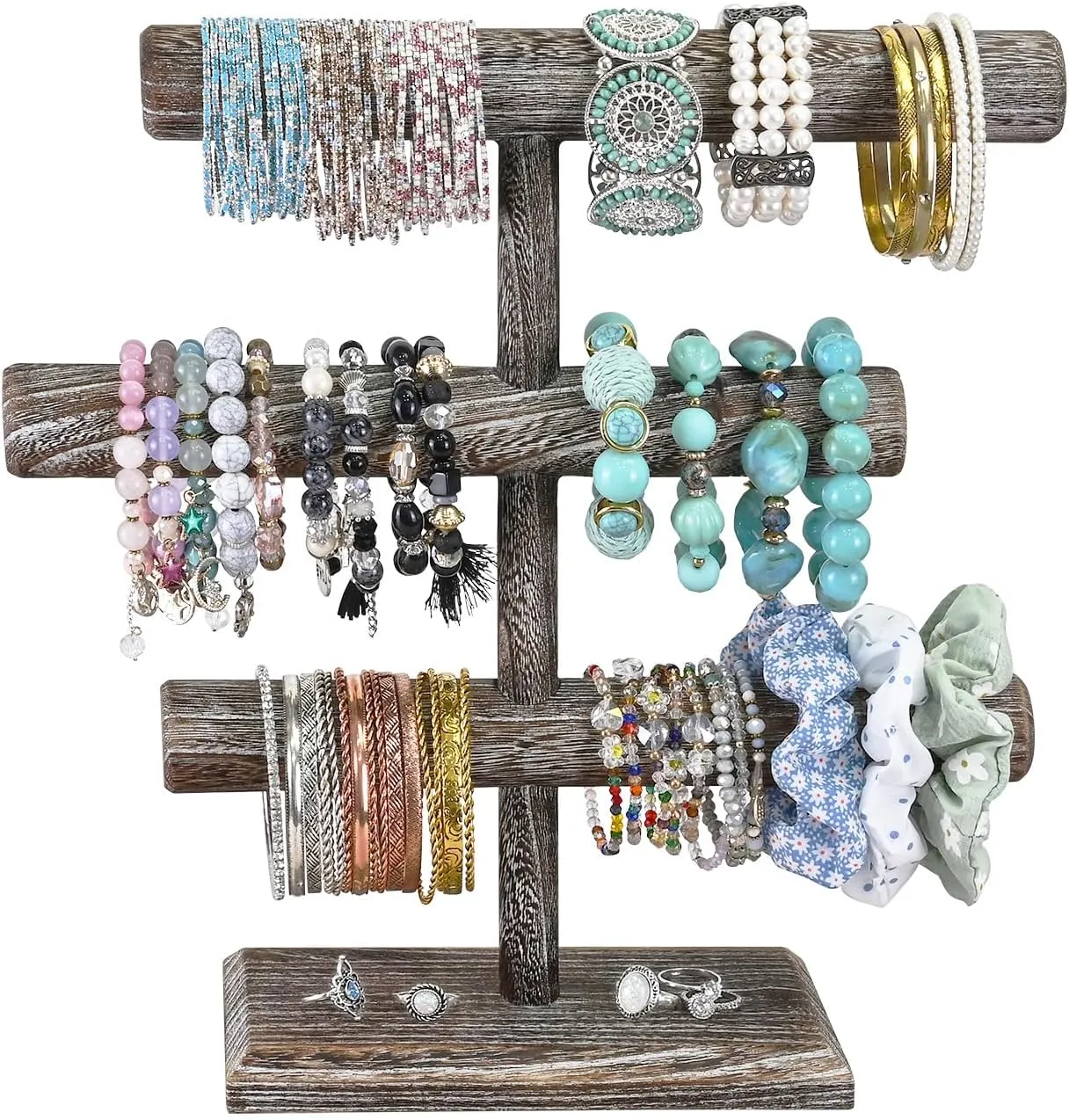 MOOCA Free Assembly 3-Tier Wooden Jewelry Display Stand, Bracelets, Necklaces, Watches, Bangles Holder Stand, Accessory Display Storage Organizer, Coffee Color