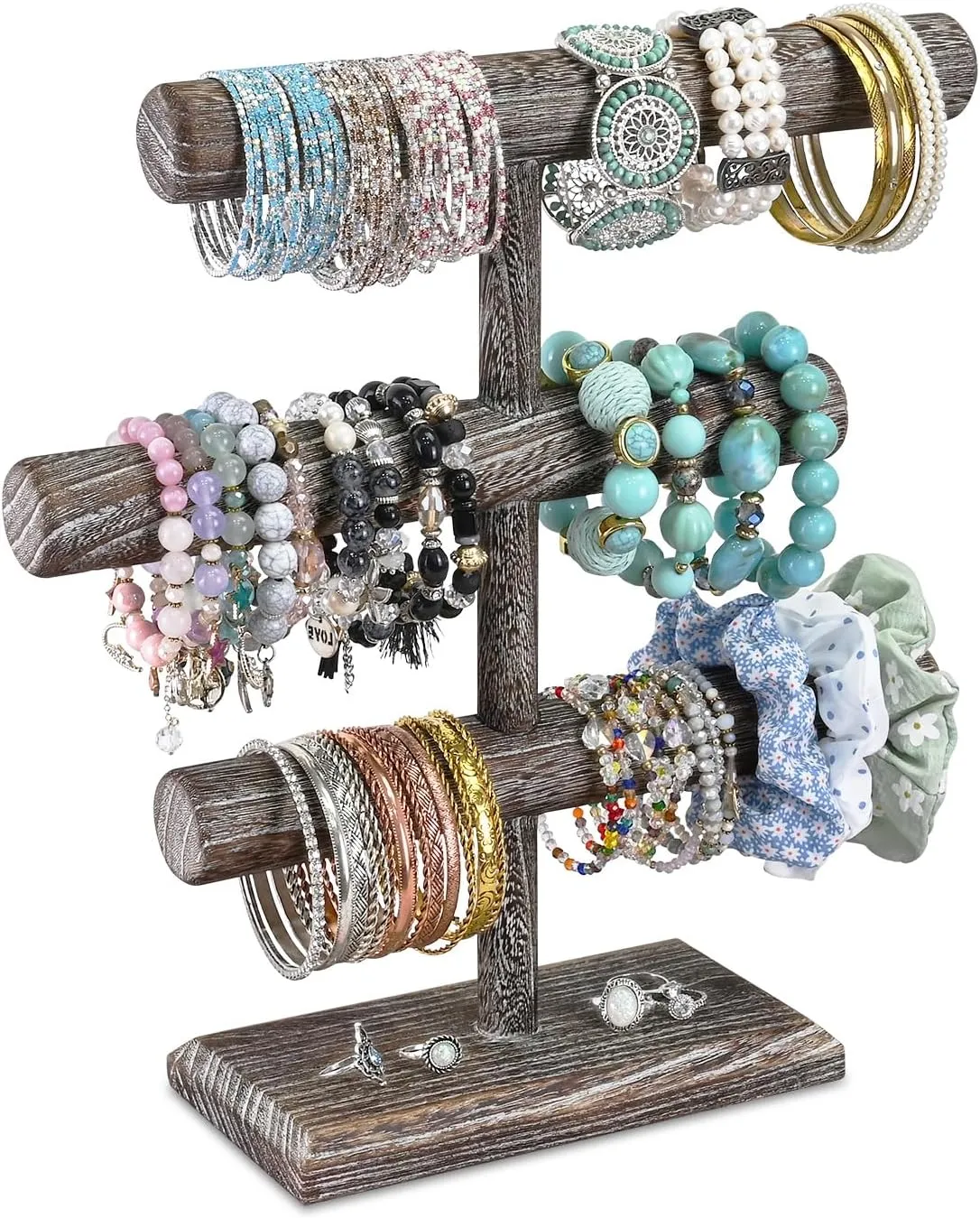 MOOCA Free Assembly 3-Tier Wooden Jewelry Display Stand, Bracelets, Necklaces, Watches, Bangles Holder Stand, Accessory Display Storage Organizer, Coffee Color