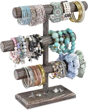 MOOCA Free Assembly 3-Tier Wooden Jewelry Display Stand, Bracelets, Necklaces, Watches, Bangles Holder Stand, Accessory Display Storage Organizer, Coffee Color