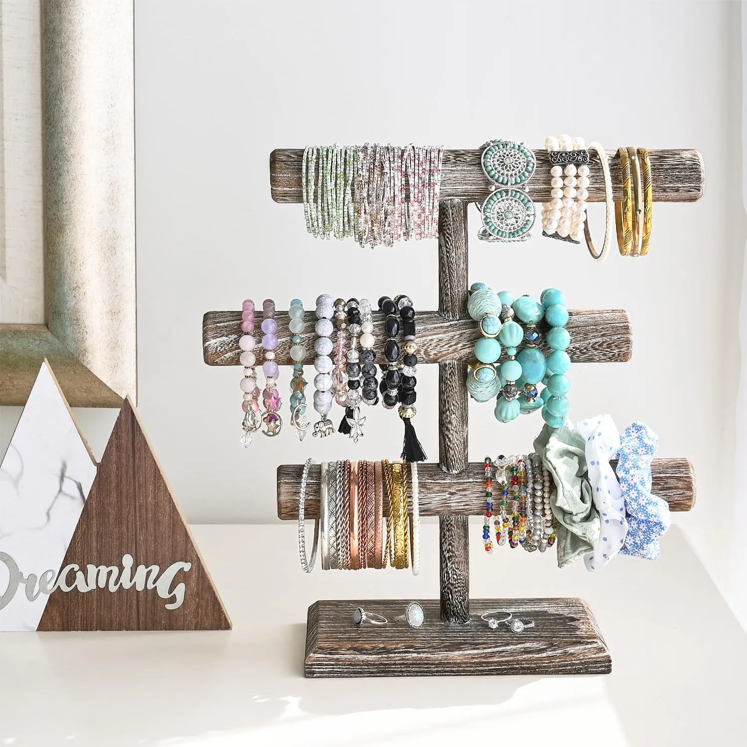 MOOCA Free Assembly 3-Tier Wooden Jewelry Display Stand, Bracelets, Necklaces, Watches, Bangles Holder Stand, Accessory Display Storage Organizer, Coffee Color