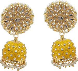 Moonstruck Traditional Indian Dome Shaped Golden Jhumka/Jhumki Earrings with Meenakari & Pearls for Women (Aqua Blue)
