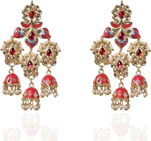 Moonstruck Traditional Indian Golden Chandbali Earrings with Meenakari & Pearls for Women  Rani Pink Enamel, Lightweight Alloy, 8.5cm Length, 36g Weight