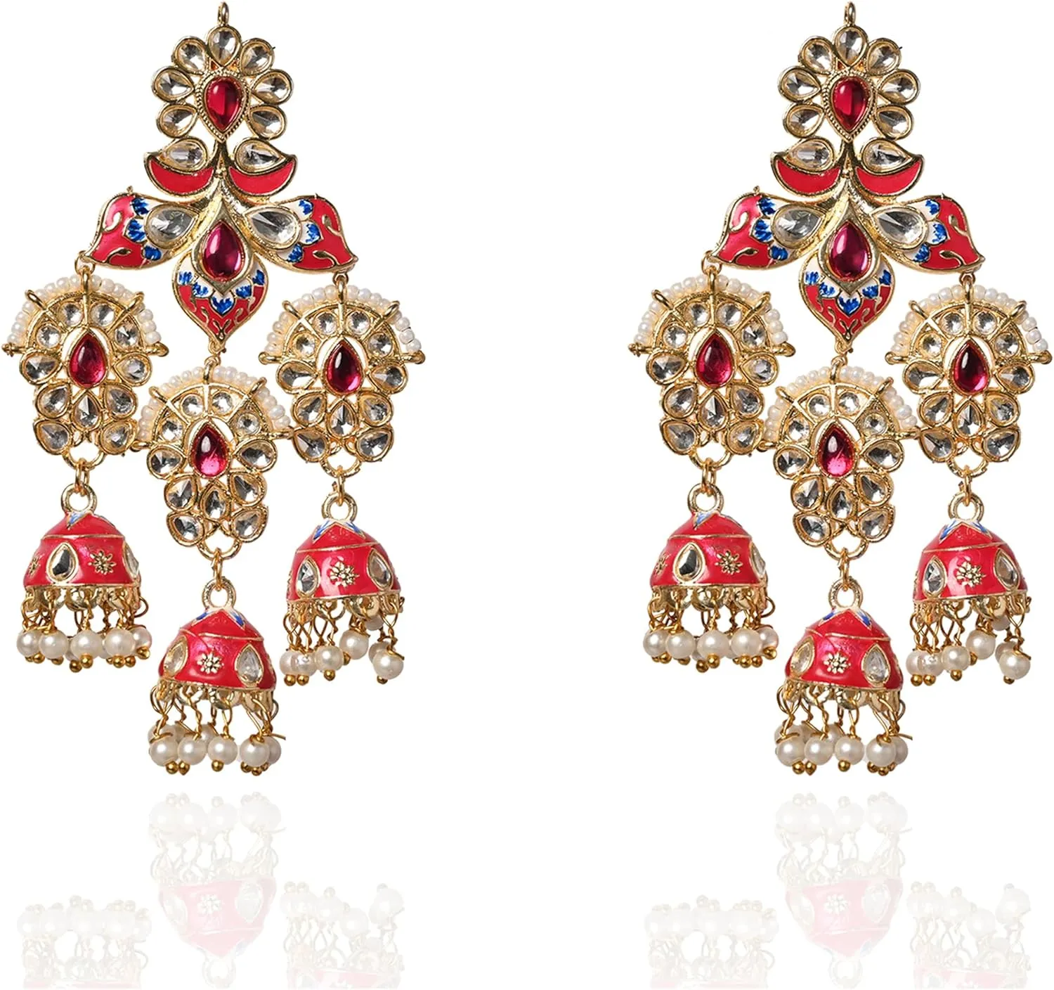Moonstruck Traditional Indian Golden Chandbali Earrings with Meenakari & Pearls for Women  Rani Pink Enamel, Lightweight Alloy, 8.5cm Length, 36g Weight