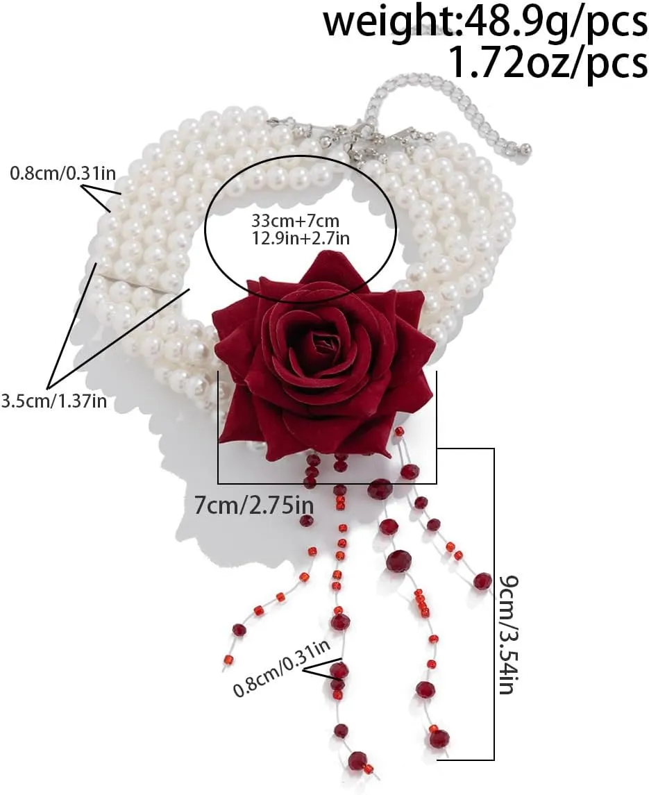 Multilayer Pearl Choker with Black Red Rose Flower Vintage Chunky Pearl Ruby Crystal Tassel Gothic Faux Pearl Statement Jewelry for Women